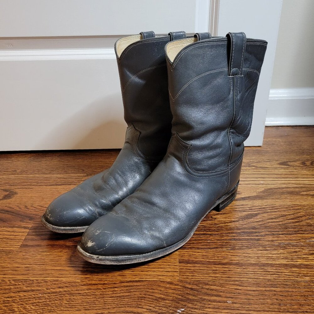 Justin Boots Gray Leather Roper Western Cowboy Boots, 3025, Size 13D, Made in US